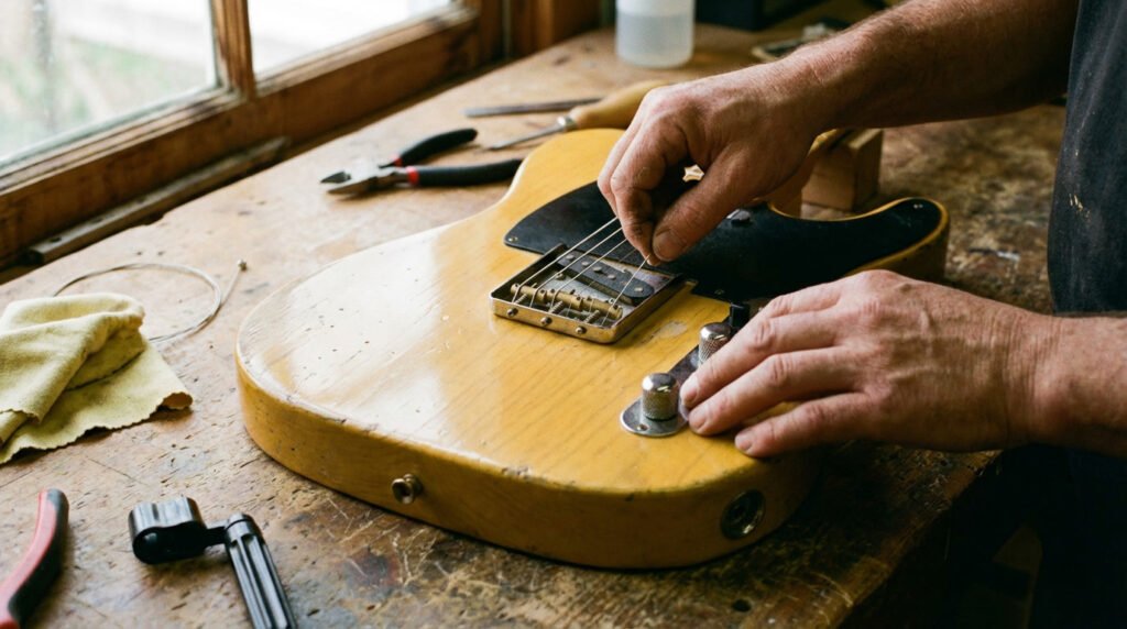 Close-up of hands changing strings on an electric guitar in a warm indoor setting.